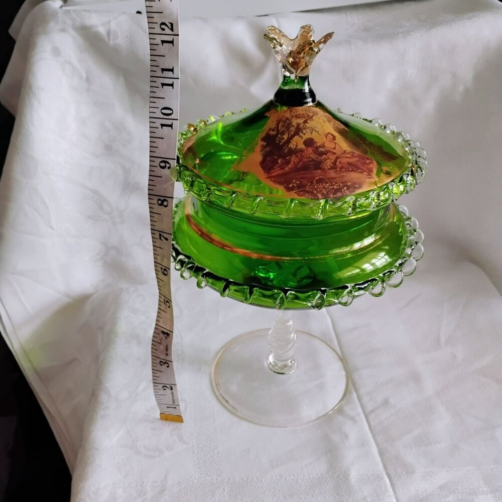 MCM Empoli Green Glass Compote Lidded Candy Dish Rigaree Edge Gilt Gold Romantic - Picture 4 of 13